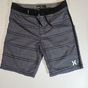 Hurley Board Shorts Mens 27‎ Black White Stripe Swim Trunks Polyester Drawstring